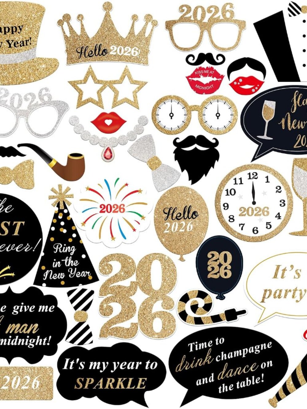 Glitter New Years Photo Booth Props, Pack of 35